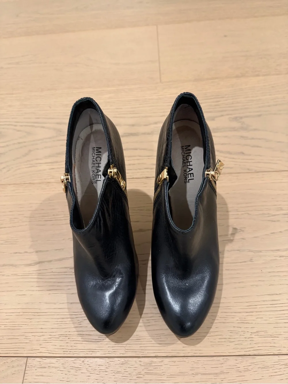 Michael Kors Women's Black Leather High Heel Booties with Gold Zipper